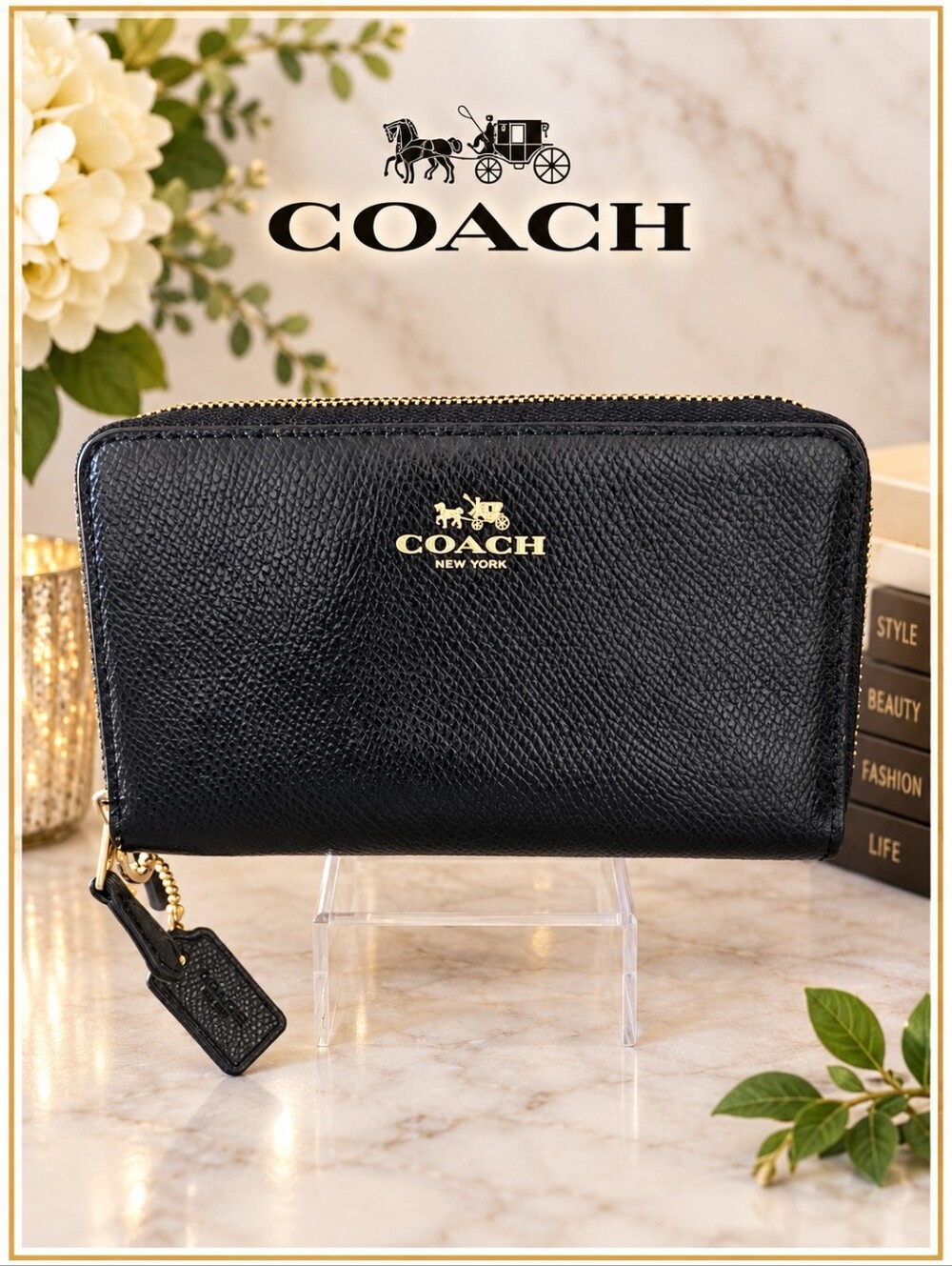 Coach F53141 Black Cross grain Leather Double Zip Travel Organizer Wallet